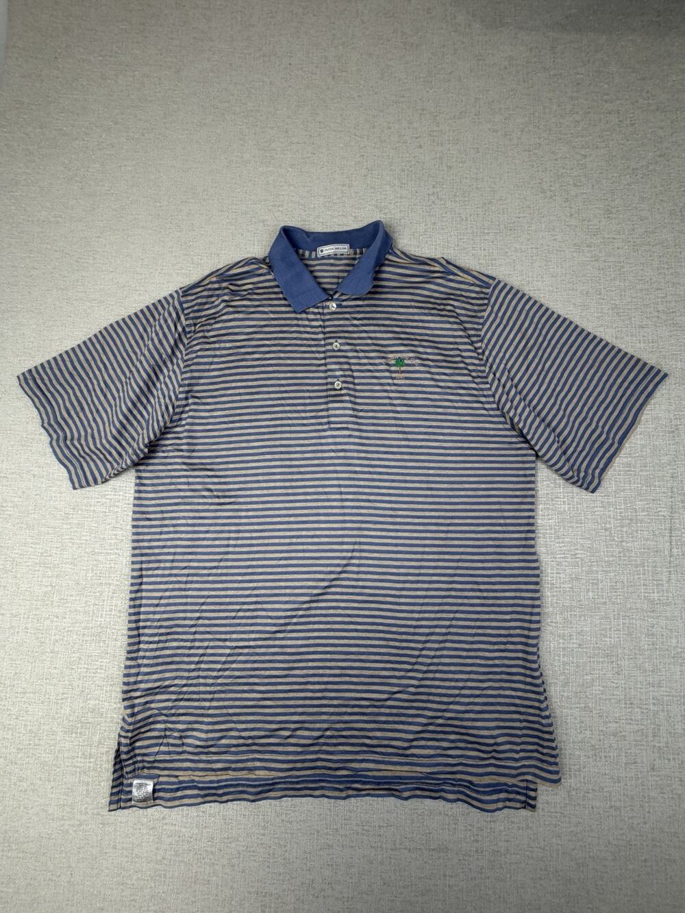 Peter Millar Palmetto Golf Club 1892 Polo Mens Large Blue Tan Stripe Cotton